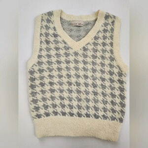Bêcool Womens Houndstooth Cream/Grey "V" Sweater Vest Preppy School Girl, sz S/M